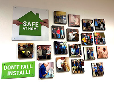 Collage at Rebuilding Together Sacramento's Tahoe Park offices and workshop
displays work done to help prevent falls.