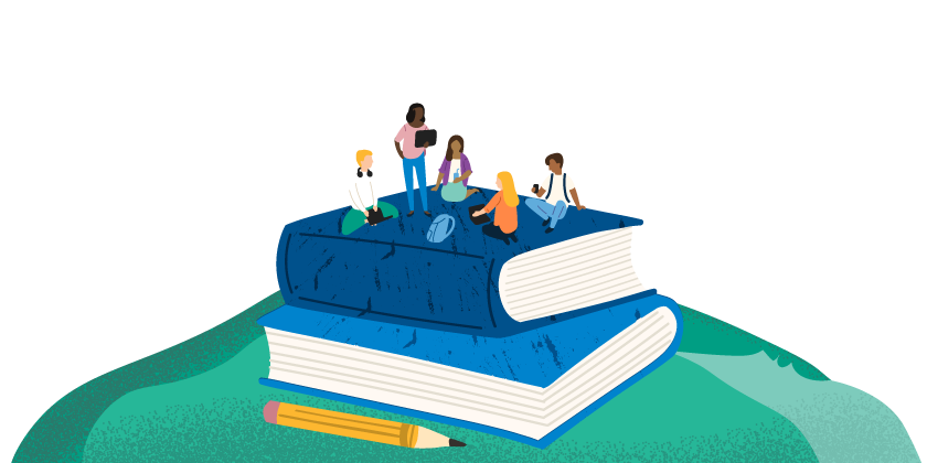 Illustration of people hanging out atop a stack of books