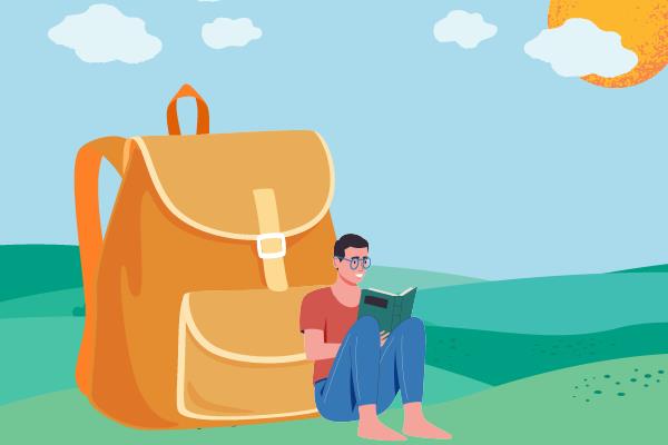 Illustration of a person reading a book next to a very large backpack